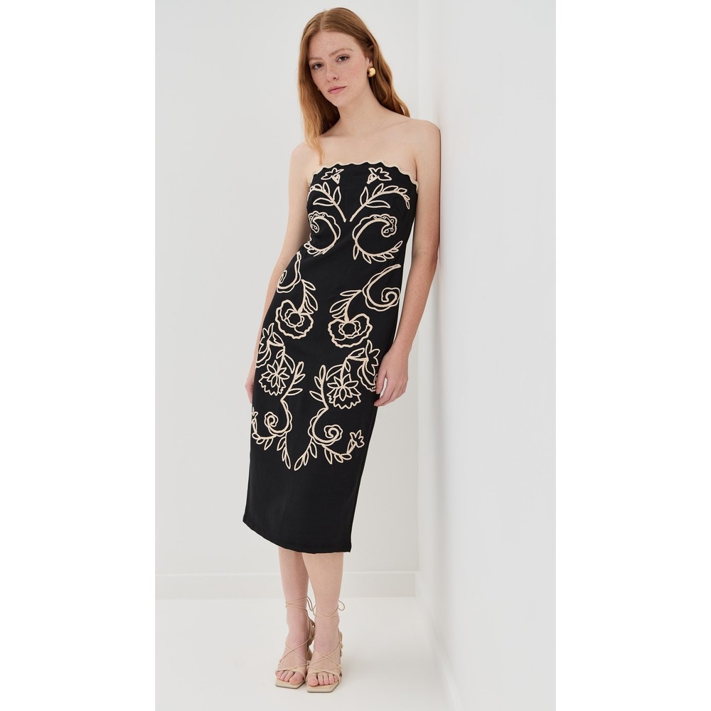 La Linge Sophia Dress Strapless Embroidered Linen Midi Black Ivory Size4